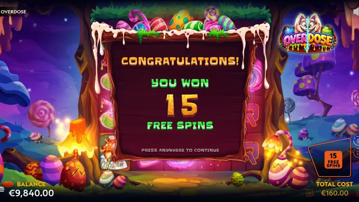 Tampilan visual slot Overdose dengan tema fantasi gelap dan permen