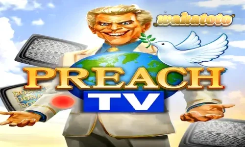 Tampilan layar permainan slot Preach TV dengan tema studio televisi retro.
