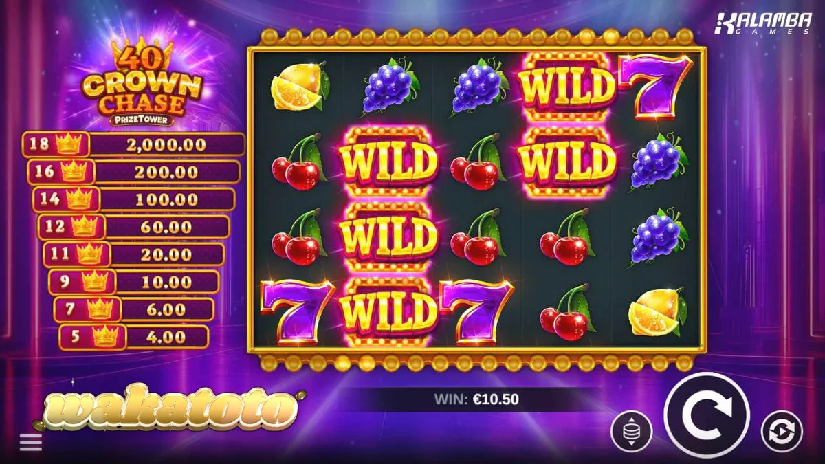 Tampilan visual slot 40 Crown Chase PrizeTower dengan simbol mahkota dan buah-buahan.